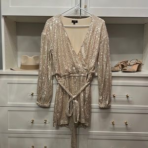 Champagne Sequin Long Sleeve Pocketed Romper
